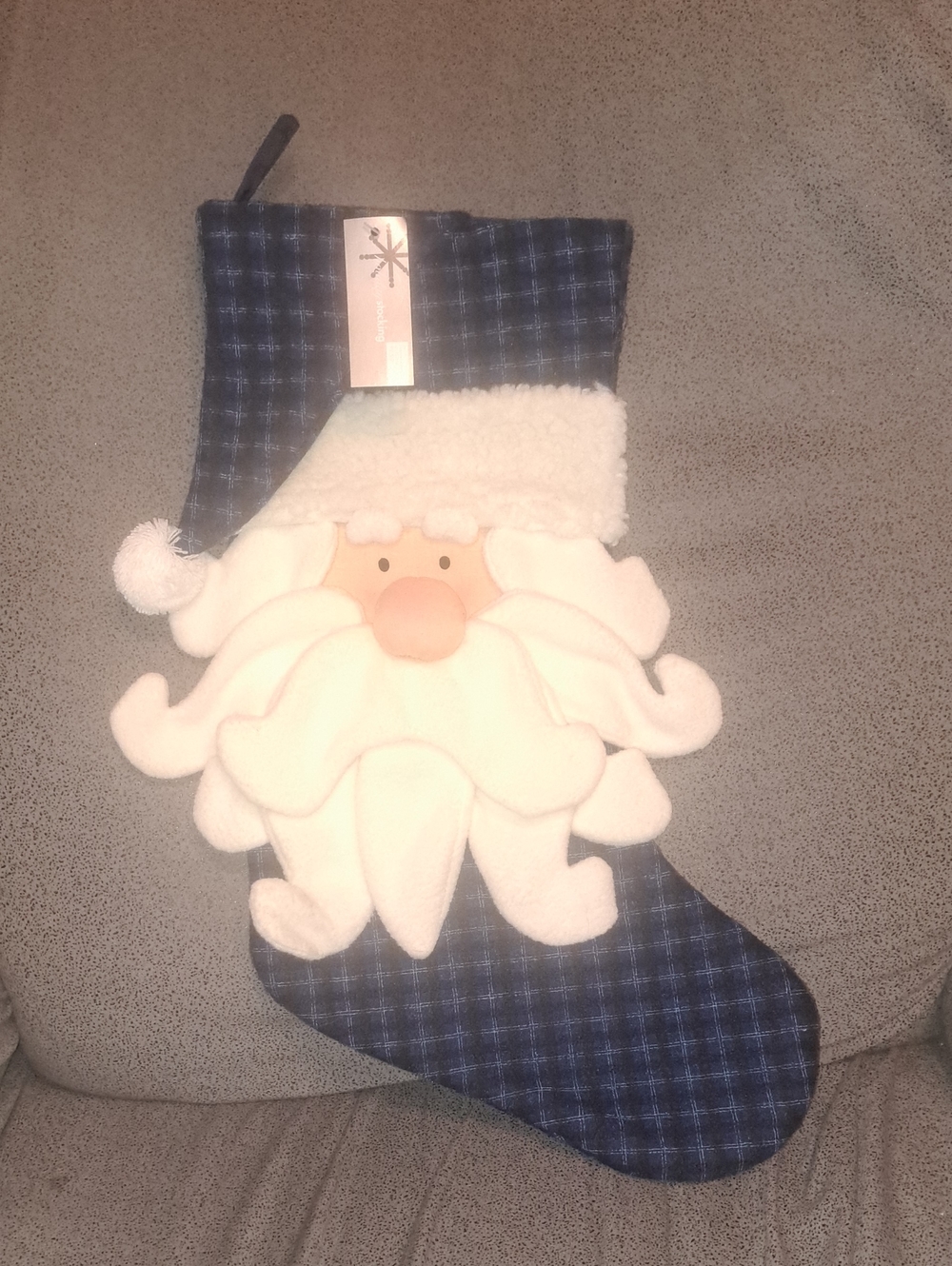 NWT 3D Santa Face with Hat Blue/Black Checkered Christmas Stocking